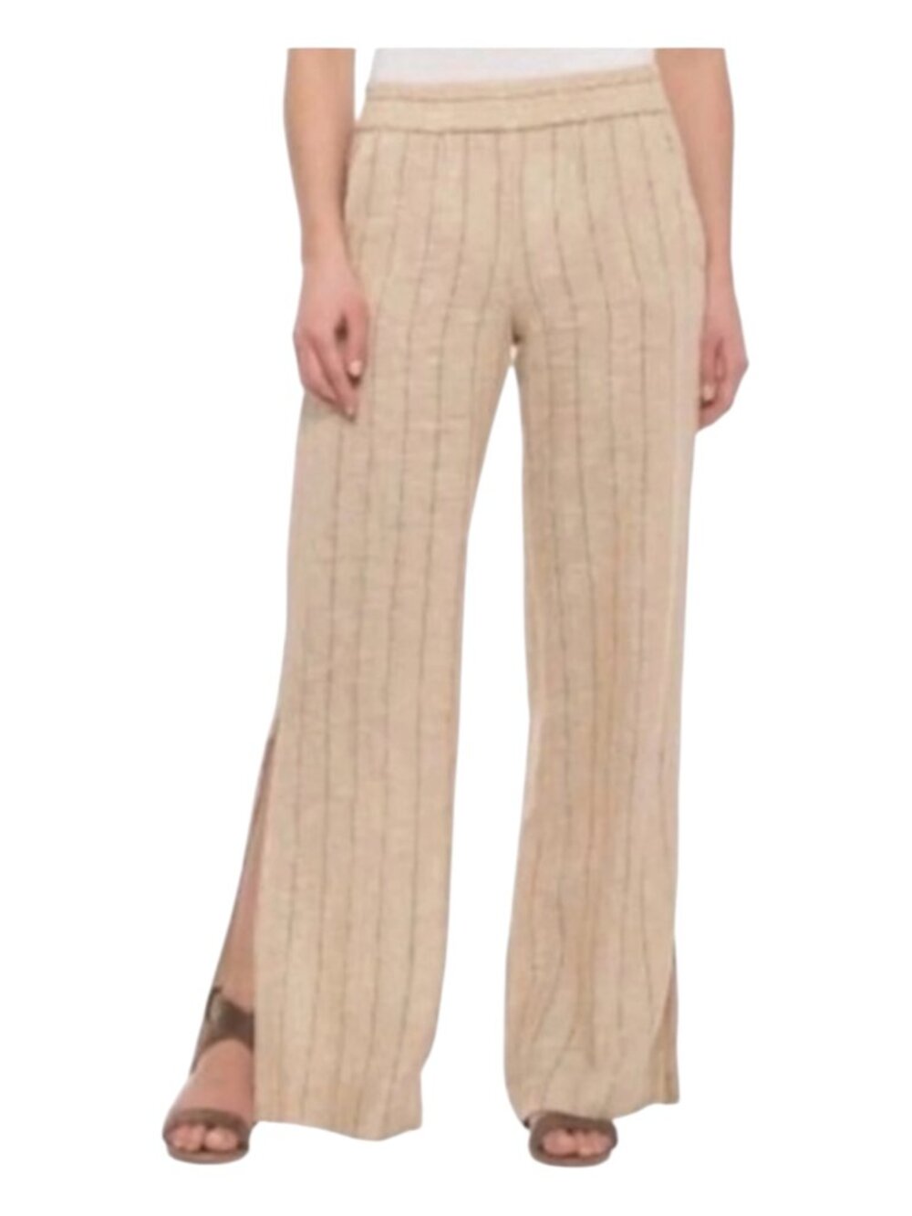 DREW Women's S Linen Blend Striped Wide Leg Side Slit Pants Beige